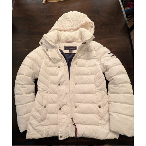 Tommy Hilfiger Womens Quilted Puffer Jacket With Hood Size S White Nylon Blend - Picture 4 of 16